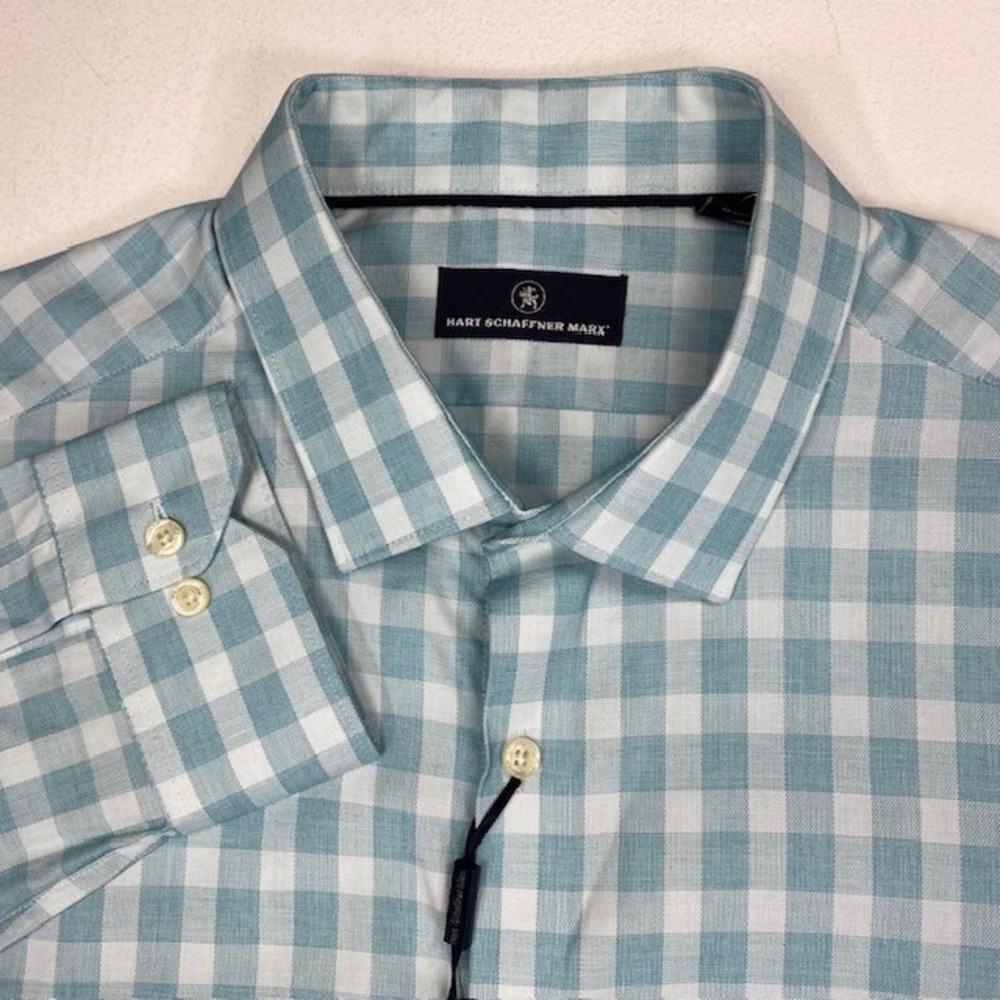 Hart Schaffner Marx Mens XL Blue White Gingham Cotton Long Sleeve Button Shirt